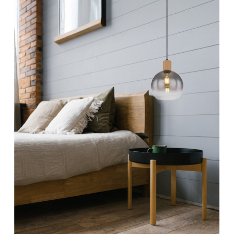 Závesné svietidlo kov čierny matný, MDF, imitácia tmavého dreva, dymové sklo, textilný kábel čierny, 12