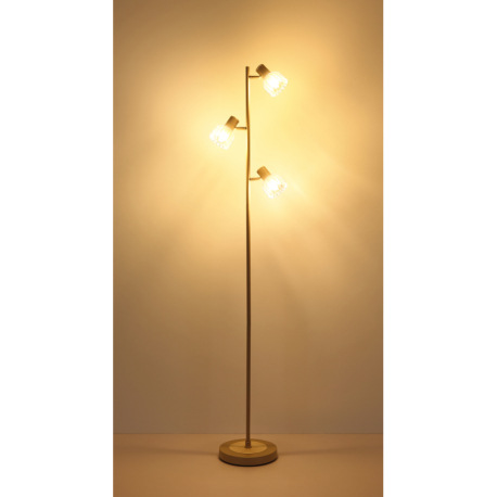 Stojacia lampa, kov matnej pieskovej farby, kov s imitáciou dreva, saténové sklo, kábel PVC čierny, 15