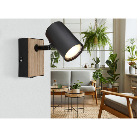 Nástenné svietidlo kov čierny matný, MDF, imitácia tmavého dreva, kolískový vypínač na výrobku, ŠxV: 1