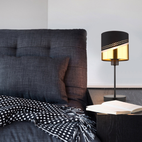 Stolové svietidlo, kov čierny, textil čierny, plast zlatej farby, kábel PVC čierny, kolískový vypína 12