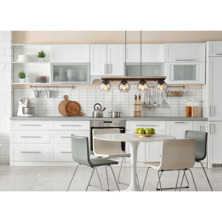 Závesné svietidlo, čierny matný kov, tmavohnedé drevo, sklo dymovej farby, čierny PVC kábel, možnosť 9