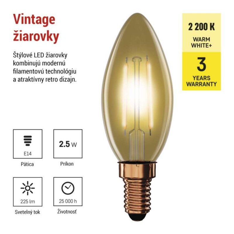 LED žiarovka Vintage sviečka / E14 / 2,5 W (20 W) / 225 lm / Teplá biela 1
