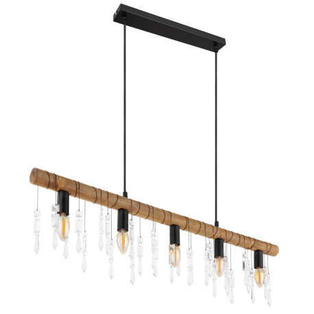 Závesné svietidlo, kov čierny, drevo hnedé, sklenené krištále, textilný čierny kábel, DxŠxV:900x60x1 14