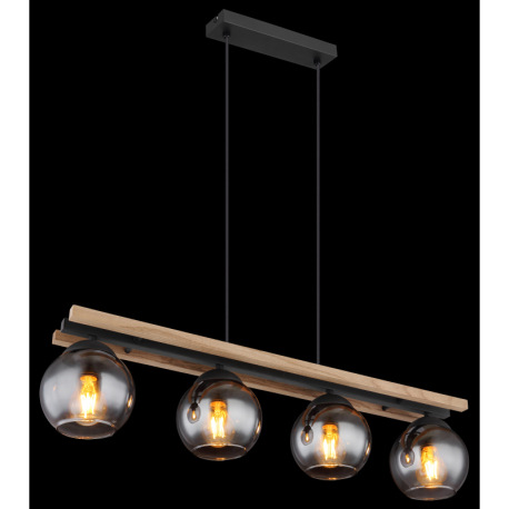 Závesné svietidlo, čierny matný kov, tmavohnedé drevo, sklo dymovej farby, čierny PVC kábel, možnosť 2