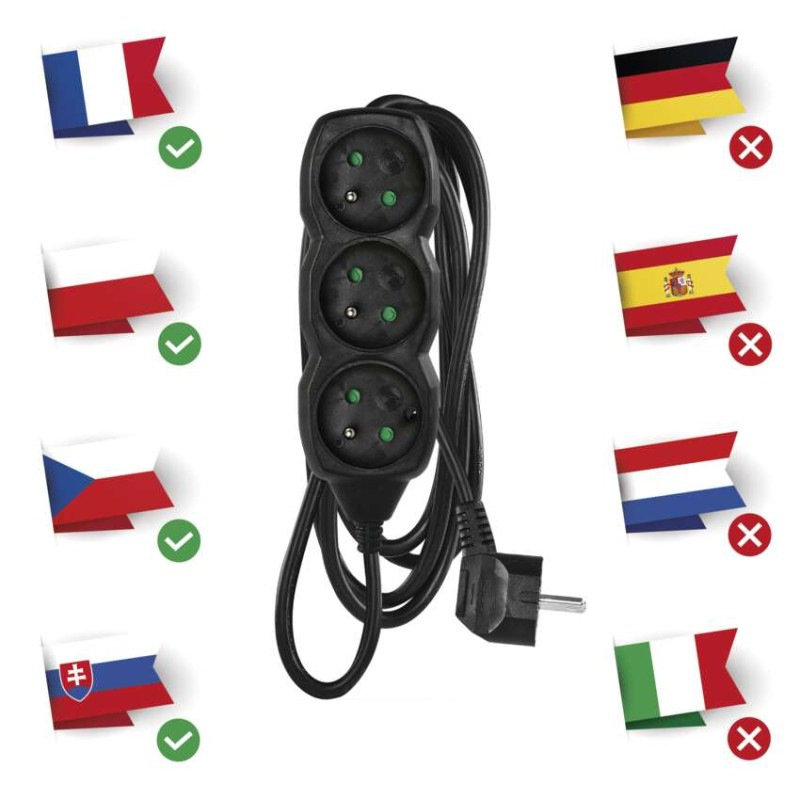 Predlžovací kábel 3 m / 3 zásuvky / čierny / PVC / 1 mm2 1