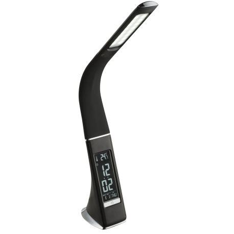 Stolová lampa, plast, čierna, chróm, s hodinami a budíkom, flexo, zmena farby svetla, CCT 3000-4500-