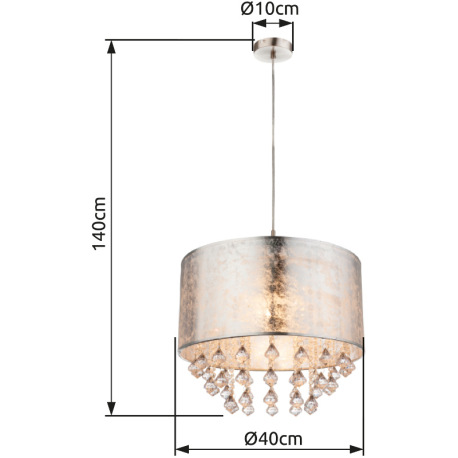 Závesné svietidlo, kov nikel matný, plast, textil strieborný, akrylové krištále priehľadné, ø 400, V 10