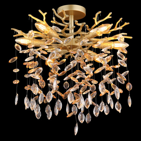 Stropné svietidlo, kov zlatej matnej farby, sklenené krištále jantárové, číre, flexo na objímkach, ø 2