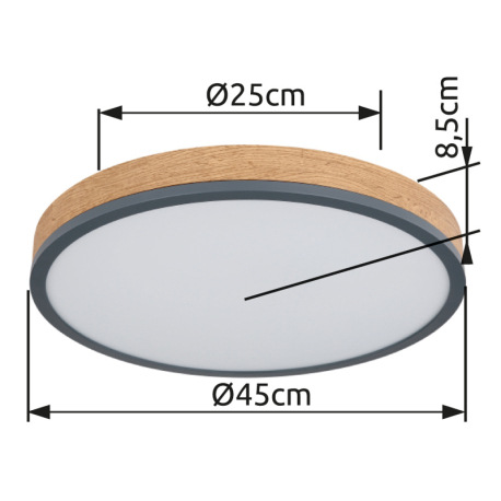Stropné svietidlo, kov grafit, MDF vzhľad dreva, plast biely, ø: 450mm, V:85mm, vrátane LED 24W 230V 9