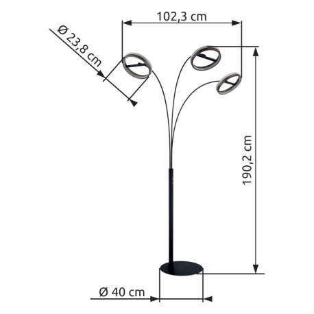 Stojacia lampa, kov čierny matný, hliník sivý tmavý, plast biely, plastové kryštály číre, dotykové z 9