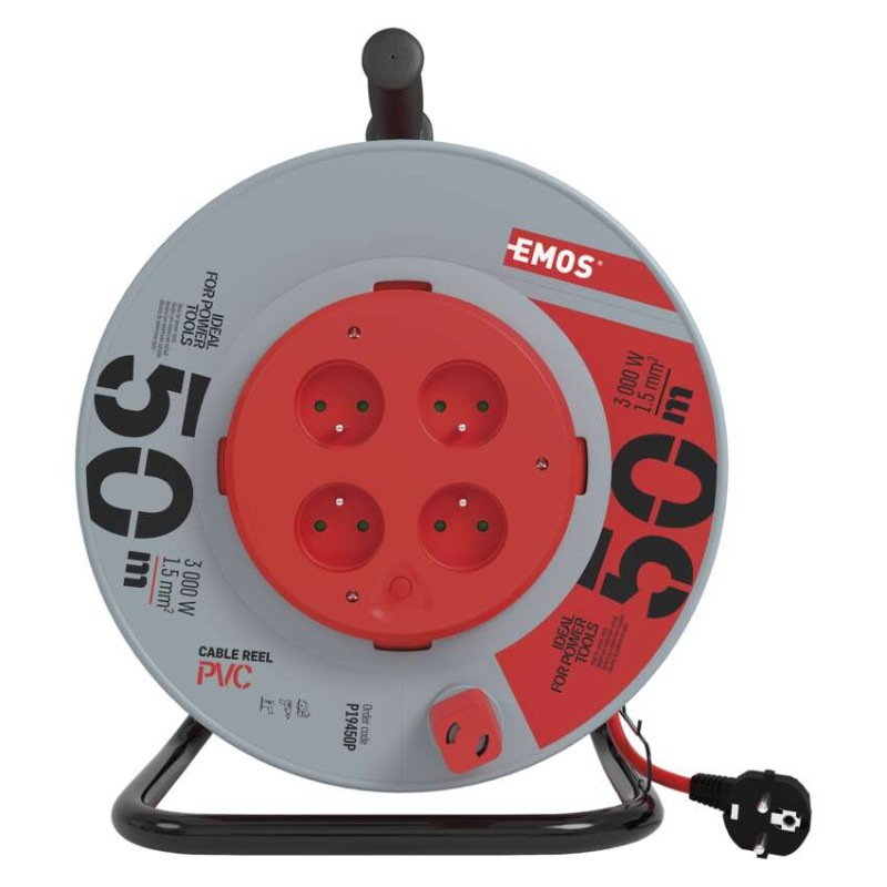 Predlžovací kábel na bubne 50 m / 4 zásuvky / červený / PVC / 230 V / 1,5 mm2