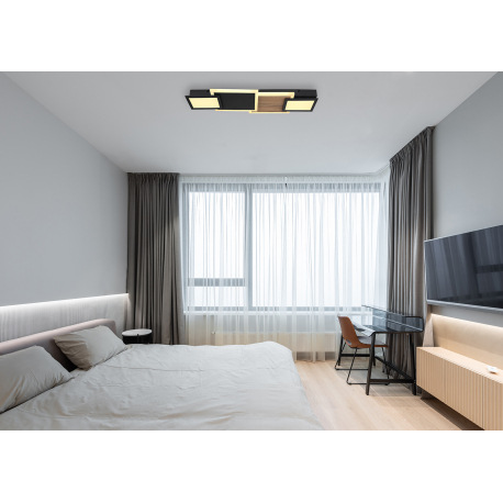 Stropné svietidlo kov čierny matný, MDF, imitácia tmavého dreva, plast opál, plast satinovaný, DxŠxV 9