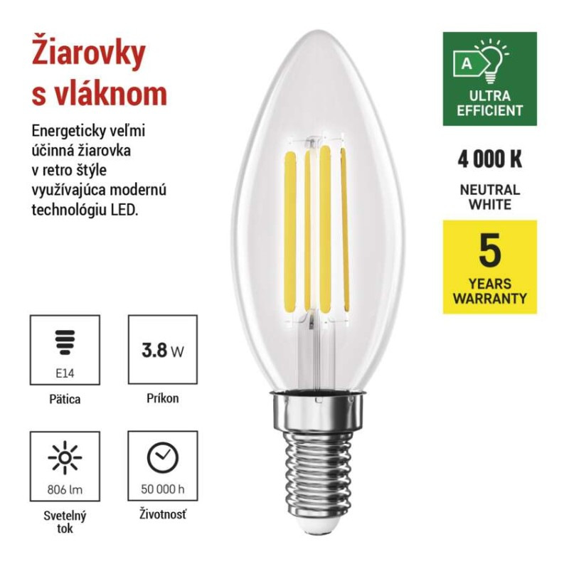 LED žiarovka Filament sviečka A CLASS/ E14 / 3,8 W (60 W) / 806 lm / neutrálna biela 2