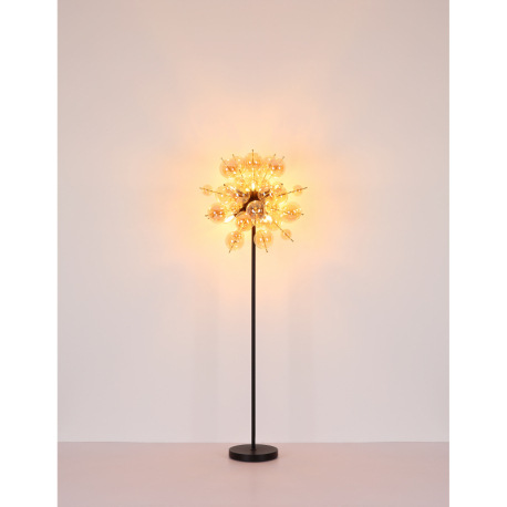 Stojanové svietidlo, kov čierny, kov zlatej farby, sklenené gule jantárové, kábel PVC čierny, vyínač 7