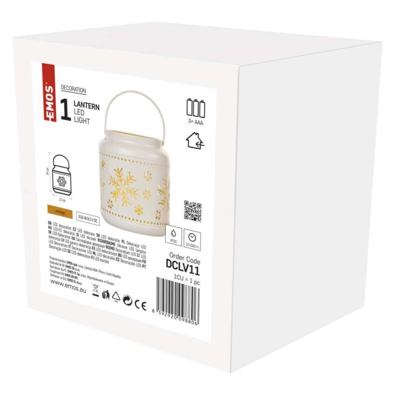 LED dekorácia – lampáš s vločkami kovová biela, 14 cm, 3x AAA, vnútorná, vintage 1