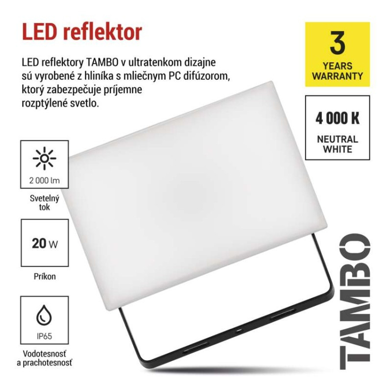 LED reflektor TAMBO, 20 W, 2000 lm, IP65, čierny 7