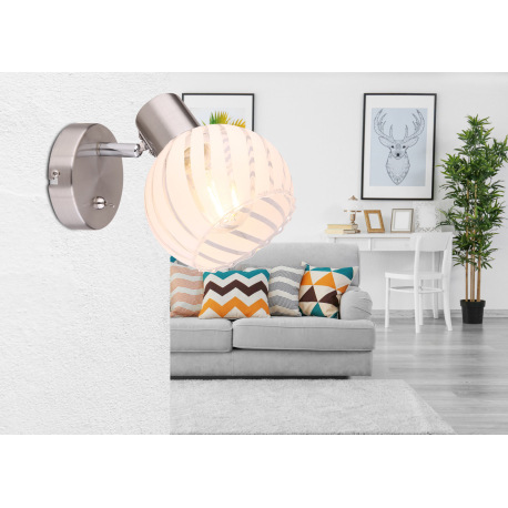 Nástenné svietidlo, nikel, sklo priehľadné biele, vypínač, ŠxV: 130x150, H: 156, bez žiarovky 1xE27, 1