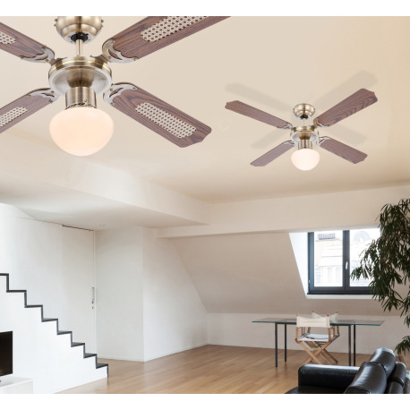 Stropný ventilátor, stará mosadz, sklo, 3 rýchlosti, MDF dub a trstina, 2 smery otáčania, ťahový vyp 7