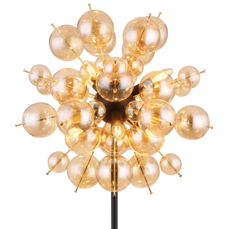 Stojanové svietidlo, kov čierny, kov zlatej farby, sklenené gule jantárové, kábel PVC čierny, vyínač 12