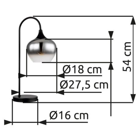 Stolná lampa kov čierny matný, dymové sklo, textilný kábel čierny, kolískový vypínač na kábli, DxŠxV 5