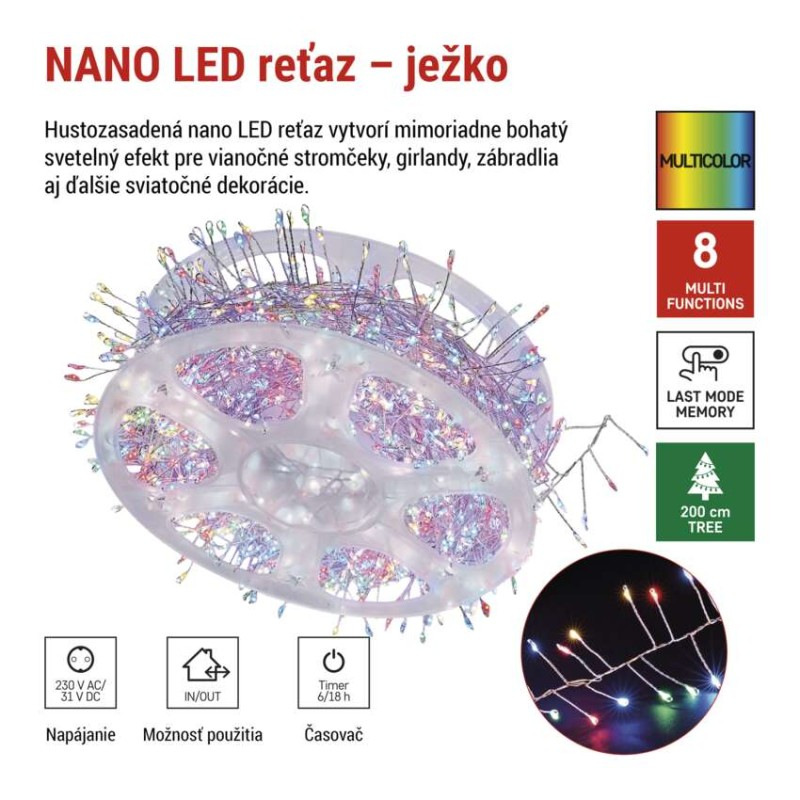 LED nano reťaz na cievke, strieborný, 19,2 m, multicolor, časovač