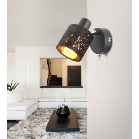 Nástenné svietidlo, kov čierny, kov chróm, zamat čierny, tienidlo s dekorom, z vnútra zlaté, vypínač 8