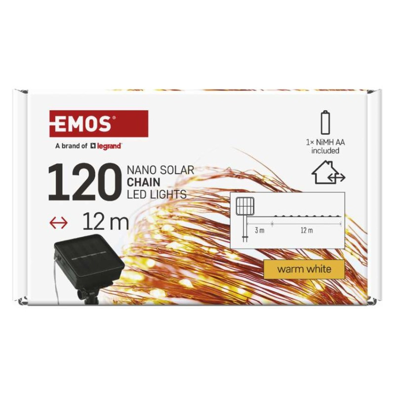 LED nano reťaz so solárnym panelom, medená, 12 m, vonkajšia aj vnút., teplá biela, časovač 8
