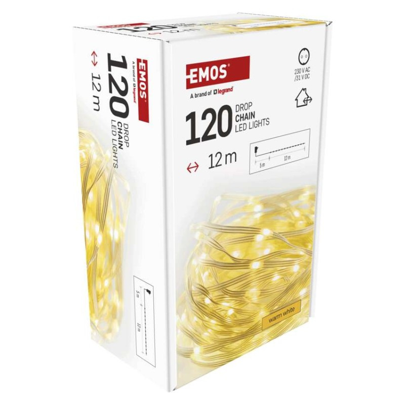 LED vianočná drop reťaz, 12 m, vonkajšia aj vnútorná, teplá biela, časovač 8