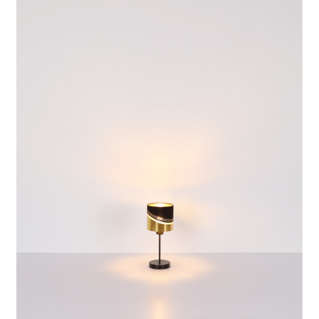 Stolové svietidlo, kov čierny, textil čierny, plast zlatej farby, kábel PVC čierny, kolískový vypína 8