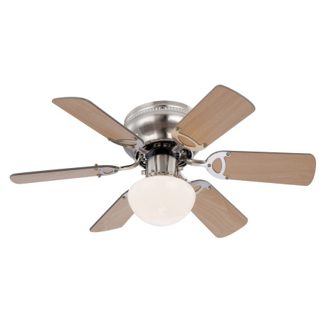 Stropný ventilátor, kov, sklo, nikel matný, 3 rýchlosti, 2 smery otáčania, ťahový vypínač, ø:760, V: