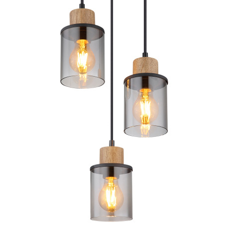 Závesné svietidlo, kov čierny matný, drevo, sklo dymové, kábel PVC čierny, ø:270mm, V: 1200mm, bez ž 3