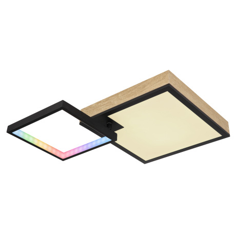 Stropné svietidlo kov čierny matný, MDF imitácia dreva, akryl biely, stmievateľné, niekoľko úrovní p