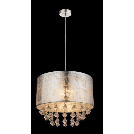 Závesné svietidlo, kov nikel matný, plast, textil strieborný, akrylové krištále priehľadné, ø 400, V 1