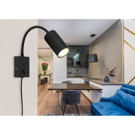 Nástenné svietidlo, kov čierny, plast čierny, čierny PVC kábel, s vypínačom, Flexo, ŠxV:70x440mm, H: 7