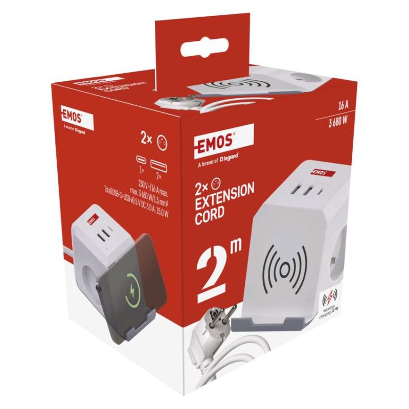 Predlžovací kábel - kocka 2 m / 2 zásuvky / biely / 2×USB-A + 1×USB-C+Qi / 1,5 mm2 10