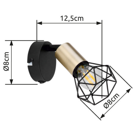 Bodové svietidlo, kov čierny, starožitná mosadz, vypínač, ŠxV: 80x125, H: 90, bez žiarovky 1xE14, ma 7
