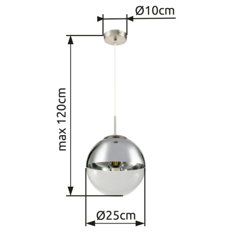 Závesné svietidlo, kov nikel matný, sklo priehľadné chróm, Ø250, V:1200, bez žiarovky 1xE27, max. 40 9