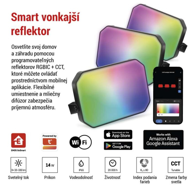 GoSmart vonkajší LED reflektor, štartovacia sada, 3 diely, 14 W, RGBIC stmievateľný, WiFi 1