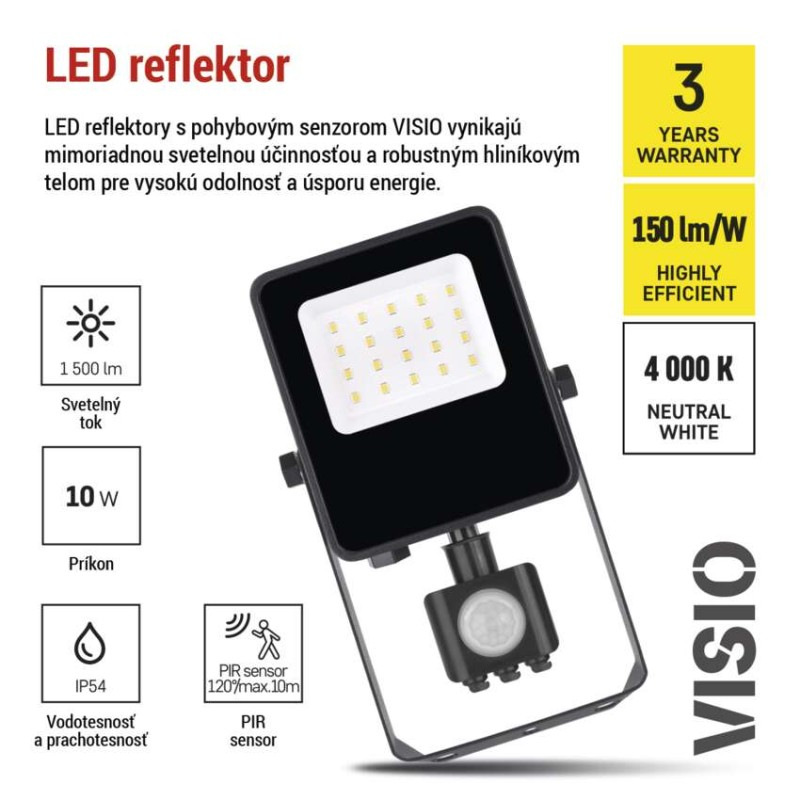 LED reflektor VISIO s pohybovým čidlom, 10W, neutrálna biela, čierný 7