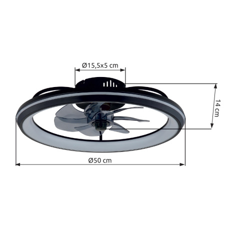 Stropný ventilátor, kov čierny matný, akryl biely, plast dymový, stmievateľný, niekoľko úrovní cez n 13