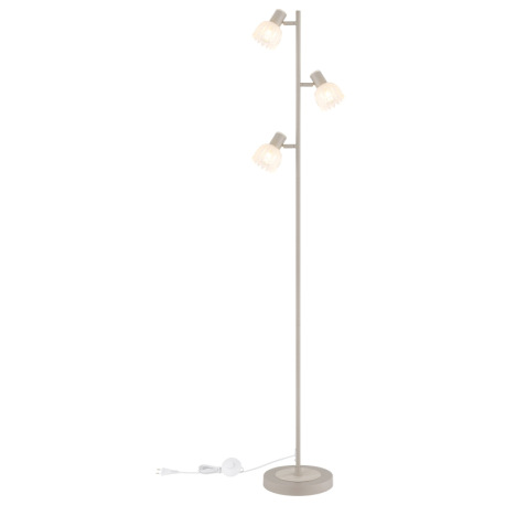 Stojacia lampa, kov matnej pieskovej farby, kov s imitáciou dreva, saténové sklo, kábel PVC čierny, 14