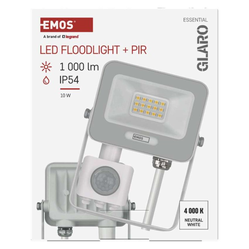 LED reflektor GLARO s pohybovým čidlom, 10 W, biely, IP54, 1000 lm, neutrálna biela 12