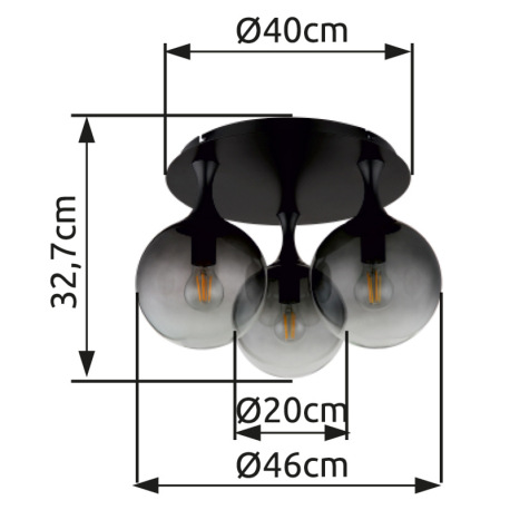 Stropné svietidlo, kov čierny, sklenené gule dymovej farby, ø: 460 mm, V: 327 mm, bez žiaroviek 3xE2 7
