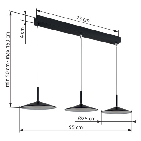 Závesné svietidlo, kov čierny matný, akryl biely, kábel PVC čierny, možnosť skrátenia výšky, DxŠxV: 12