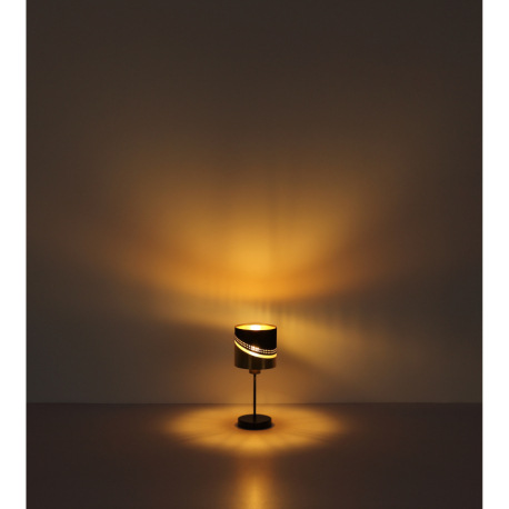 Stolové svietidlo, kov čierny, textil čierny, plast zlatej farby, kábel PVC čierny, kolískový vypína 7