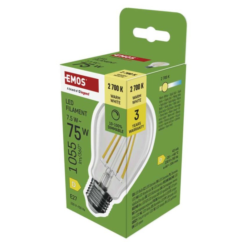 LED žiarovka Filament A60/ E27 / 7,5 W (75 W) / 1 055 lm / teplá biela / stmievateľné