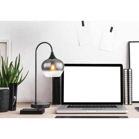 Stolná lampa kov čierny matný, dymové sklo, textilný kábel čierny, kolískový vypínač na kábli, DxŠxV 1