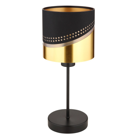 Stolové svietidlo, kov čierny, textil čierny, plast zlatej farby, kábel PVC čierny, kolískový vypína 14
