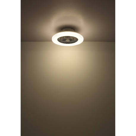 Stropný ventilátor, kov chróm, plast biely/chróm, číre akrylové krištále, stmievateľné, pamäť, diaľ. 9