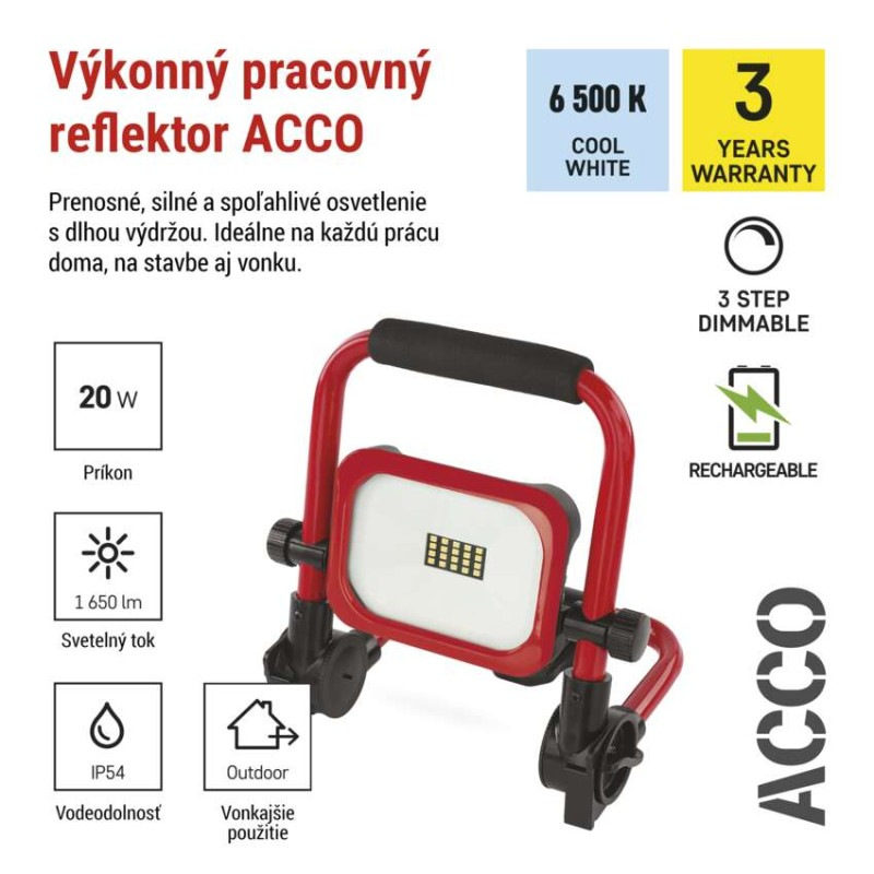 LED reflektor ACCO nabíjací prenosný, 20 W studená biela 6
